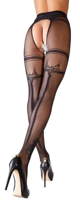 Cottelli LEGWEAR Black Crotchless Fishnet Tights with Back Seam S/M