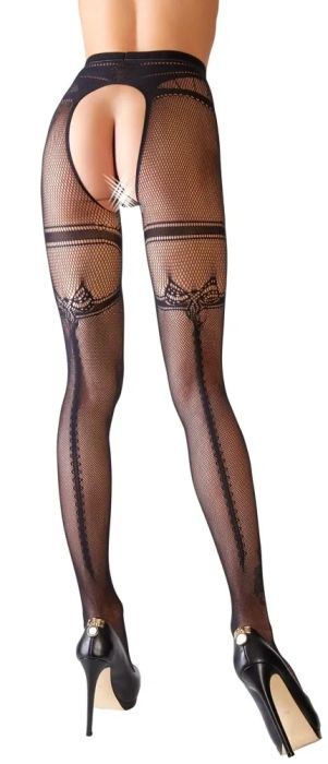Cottelli LEGWEAR Black Crotchless Fishnet Tights with Back Seam S/M