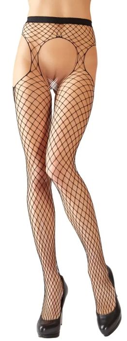Cottelli LEGWEAR черен мрежест чорапогащник с отворено дъно и дантелени жартиерни ленти S/M