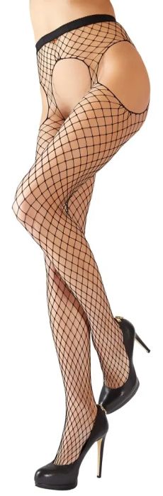 Cottelli LEGWEAR черен мрежест чорапогащник с отворено дъно и дантелени жартиерни ленти S/M