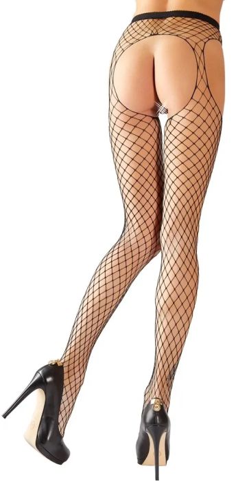Cottelli LEGWEAR черен мрежест чорапогащник с отворено дъно и дантелени жартиерни ленти S/M