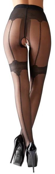Cottelli LEGWEAR черен чорапогащник с отворено дъно, жартиерен ефект и заден шев S/M