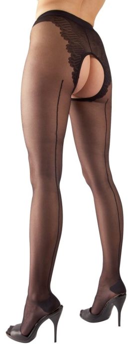 Cottelli LEGWEAR черен чорапогащник с отворено дъно, заден шев и оформена пета S/M