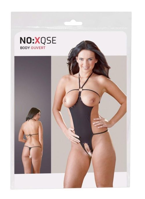 NO:XQSE Black Open-Bust & Open-Crotch Bodysuit with Rhinestones S/M