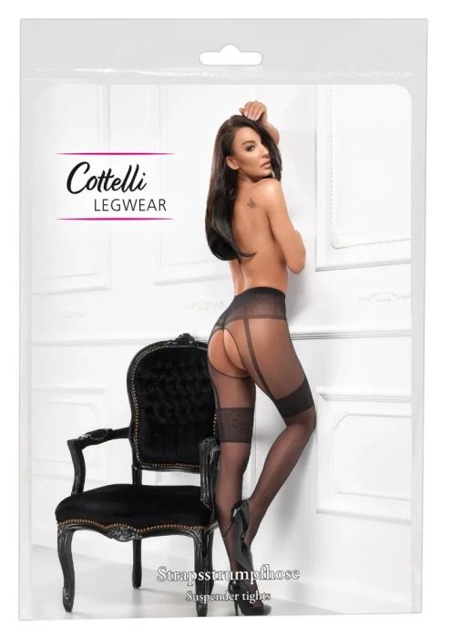 Cottelli LEGWEAR черен чорапогащник с отворено дъно и жартиерен дизайн S/M