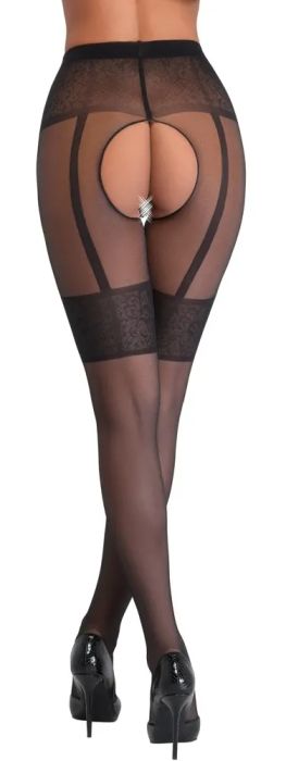 Cottelli LEGWEAR Black Crotchless Tights with Suspender Design S/M