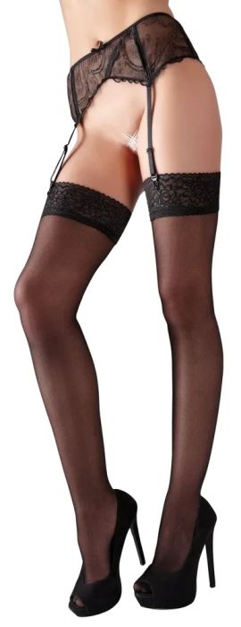 Cottelli LEGWEAR Black Suspender Stockings with Wide Lace Top S/M