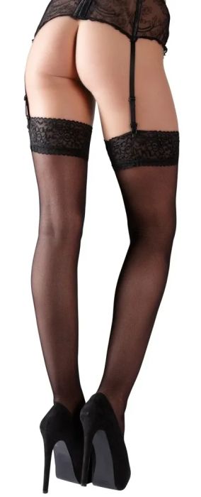 Cottelli LEGWEAR Black Suspender Stockings with Wide Lace Top S/M