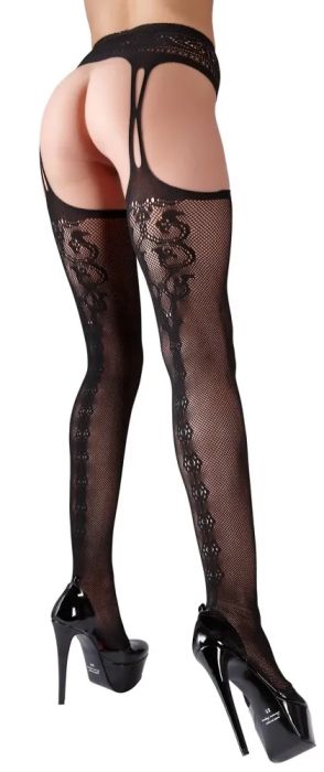 Cottelli LEGWEAR черен мрежест жартиерен чорапогащник с отворено дъно и декоративен шев S/M