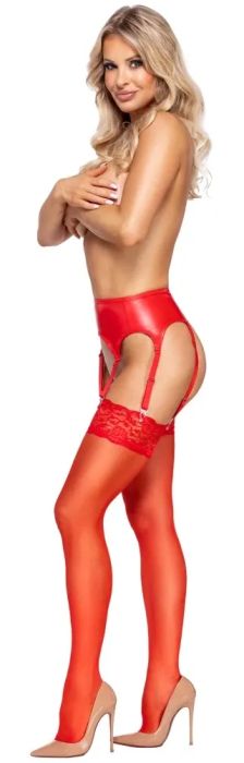 Cottelli LEGWEAR червени 20 DEN чорапи за жартиерен колан с широк дантелен кант S/M