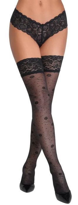 Cottelli LEGWEAR Black 20 Denier Hold-Up Stockings with Rose Pattern and Lace Top S/M