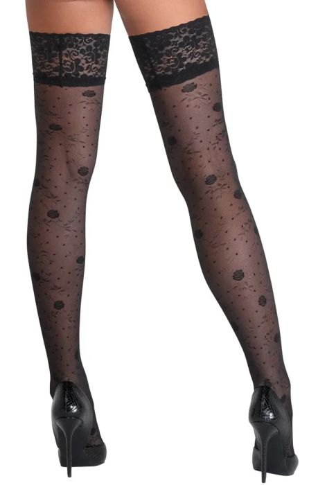 Cottelli LEGWEAR Black 20 Denier Hold-Up Stockings with Rose Pattern and Lace Top S/M