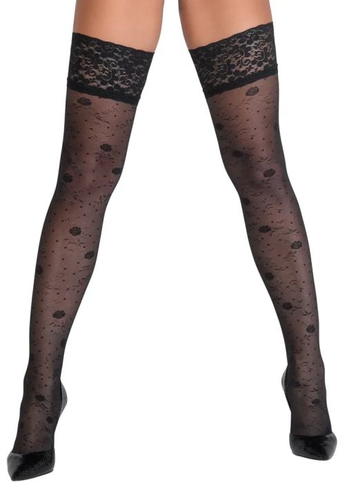 Cottelli LEGWEAR Black 20 Denier Hold-Up Stockings with Rose Pattern and Lace Top S/M