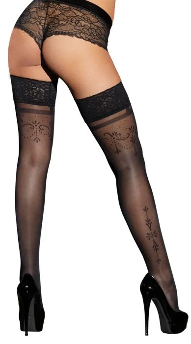 Cottelli LEGWEAR черни самозадържащи чорапи с дантела и декоративен мотив отзад S/M