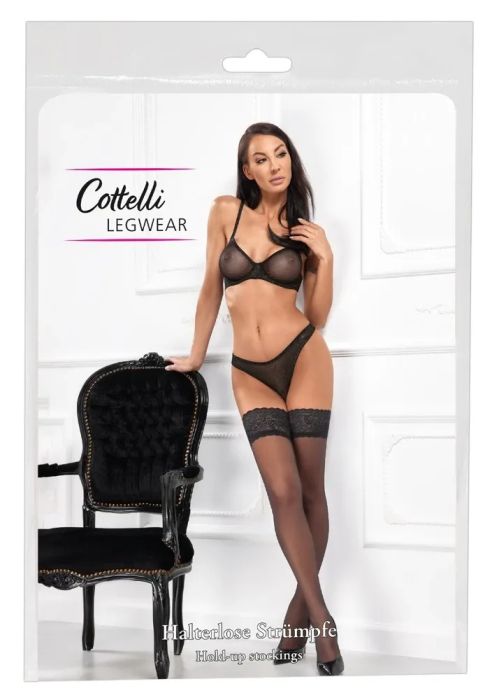 Cottelli LEGWEAR черни самозадържащи чорапи 20 DEN с 8 см дантелен кант S/M