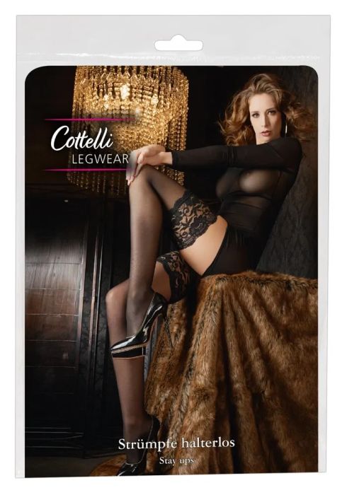 Cottelli LEGWEAR черни самозадържащи чорапи 20 DEN с 12 см дантелен кант S/M
