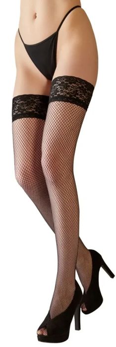 Cottelli LEGWEAR черни самозадържащи мрежести чорапи с 10 см дантелен кант S/M