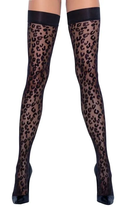 Cottelli LEGWEAR Black 30 Denier Hold-Up Stockings with Leopard Pattern S/M