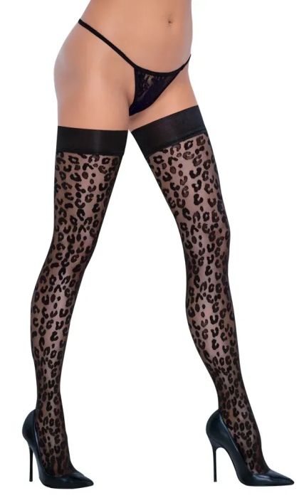 Cottelli LEGWEAR Black 30 Denier Hold-Up Stockings with Leopard Pattern S/M