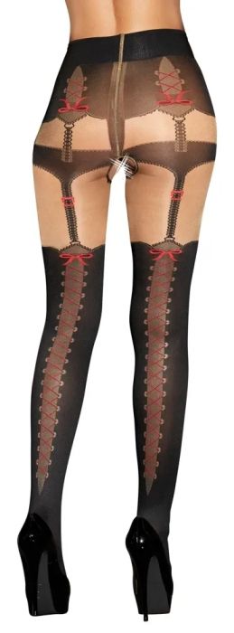 Cottelli LEGWEAR Black Crotchless Suspender Tights with Lace-Up Effect S/M
