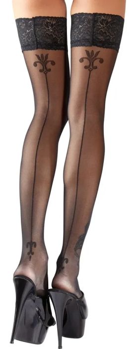 Cottelli LEGWEAR черни самозадържащи чорапи с дантела, заден шев и лилиев мотив S/M