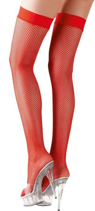 Cottelli LEGWEAR Red Hold-Up Fishnet Stockings with Silicone Top S/M