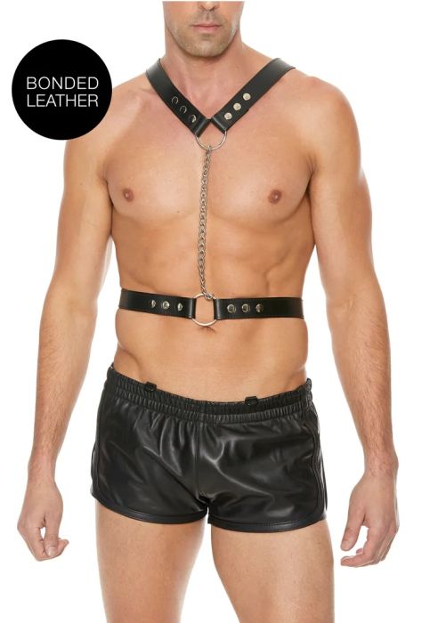 Ouch! Twisted Bit черен BDSM харнес от пресована кожа с метални O-ring халки
