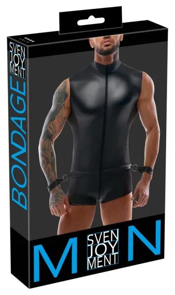 Svenjoyment BONDAGE черен мъжки гащеризон с маншети и халки S/XL