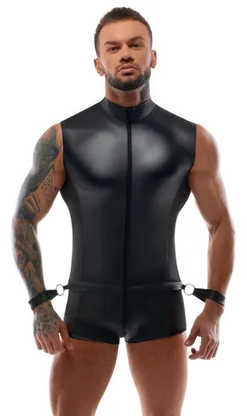 Svenjoyment BONDAGE черен мъжки гащеризон с маншети и халки S/XL