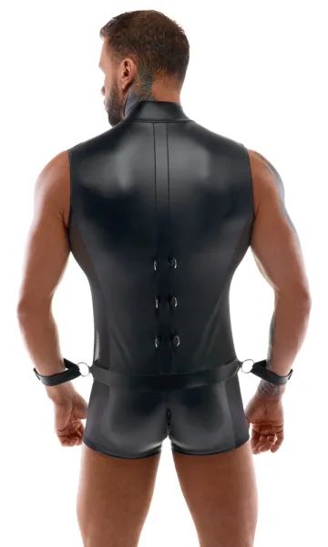 Svenjoyment BONDAGE черен мъжки гащеризон с маншети и халки S/XL