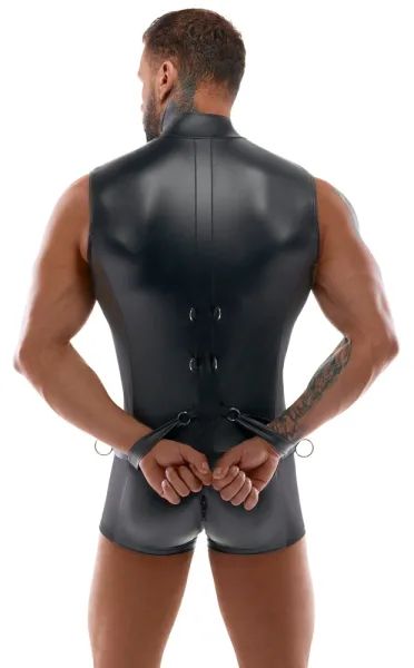 Svenjoyment BONDAGE черен мъжки гащеризон с маншети и халки S/XL
