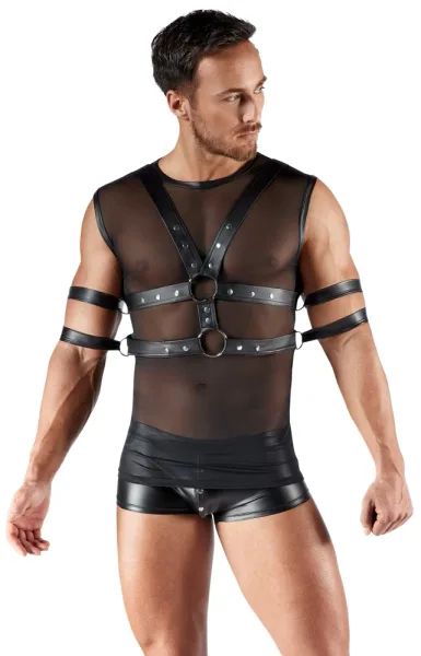 Svenjoyment BONDAGE черен мрежест потник с гръден харнес и 4 маншета S/XL