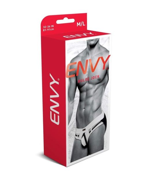 Envy Menswear Bulge Jock бял мъжки джокстрап с черни ленти S/XL