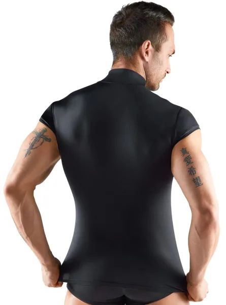 Svenjoyment Black Men's Microfibre Shirt with Sheer Stripes and Front Zip S/XL