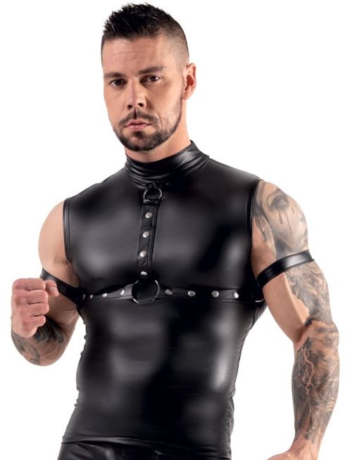 Svenjoyment BONDAGE черен мъжки топ с гръден харнес и маншети за ръце S/XL