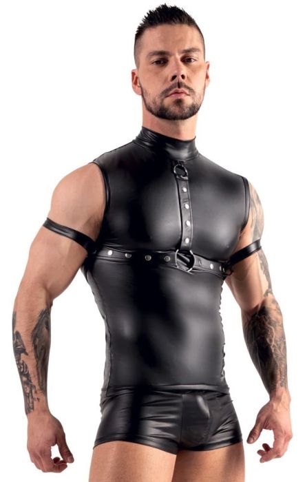 Svenjoyment BONDAGE Black Men's Top with Chest Harness and Arm Cuffs S/XL