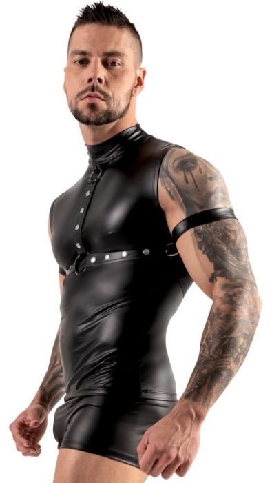 Svenjoyment BONDAGE Black Men's Top with Chest Harness and Arm Cuffs S/XL