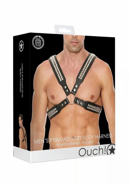 Ouch! Men's Pyramid Stud черен BDSM харнес от пресована кожа с пирамидални капси