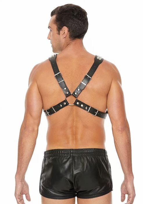 Ouch! Men's Pyramid Stud Black Bonded Leather BDSM Harness with O-Rings