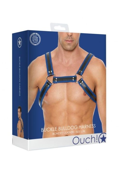 Ouch! Buckle Bulldog син мъжки BDSM харнес от пресована кожа с метални халки