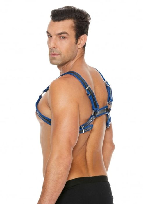 Ouch! Buckle Bulldog Blue Men's Bonded Leather BDSM Harness with Metal Rings