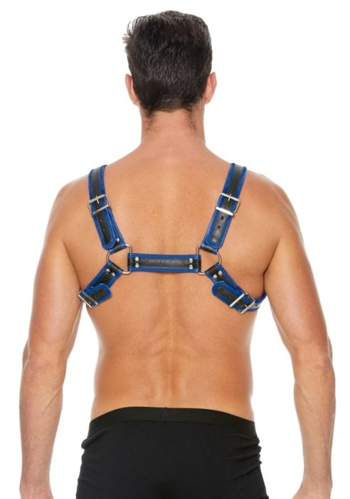 Ouch! Buckle Bulldog Blue Men's Bonded Leather BDSM Harness with Metal Rings