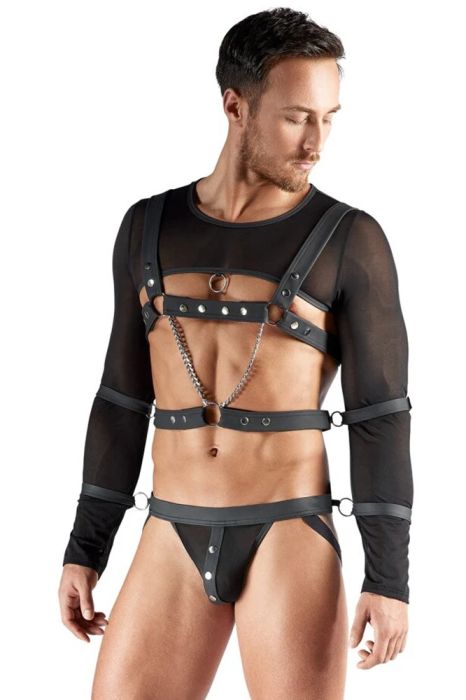 Svenjoyment BONDAGE черен soft bondage комплект с топ, харнес, джокстрап и 4 маншета S/XL