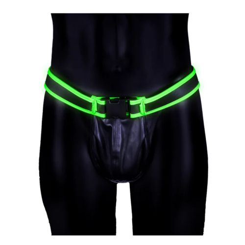 Ouch! Glow in the Dark черен мъжки джокстрап от PU кожа със светещи зелени ленти и катарама S/XL