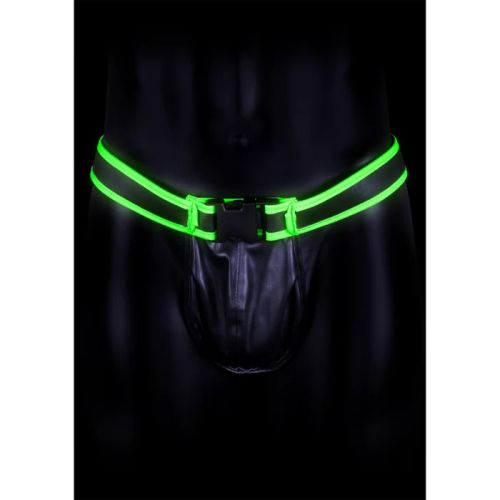 Ouch! Glow in the Dark Black Men's PU Leather Jockstrap with Neon Green Straps and Buckle S/XL