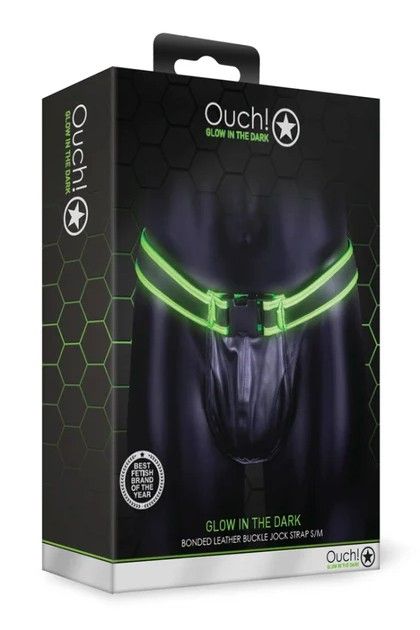 Ouch! Glow in the Dark черен мъжки джокстрап от PU кожа със светещи зелени ленти и катарама S/XL