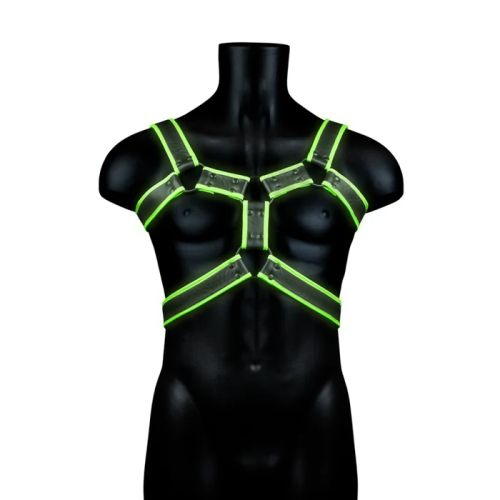 Ouch! Glow in the Dark черен мъжки BDSM харнес от PU кожа със светещи зелени детайли S/XL
