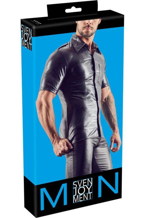 Svenjoyment черна мъжка риза с кожен ефект, пагони и тик-так копчета S/XL