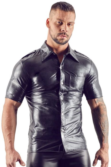 Svenjoyment черна мъжка риза с кожен ефект, пагони и тик-так копчета S/XL