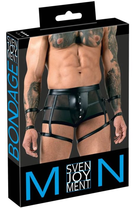 Svenjoyment BONDAGE черни мъжки боксерки с powernet, маншети и отваряща се предна част S/XL